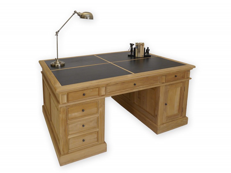 Partnerdesk Schreibtisch aus Teakholz Lederauflage Schreibmöbel