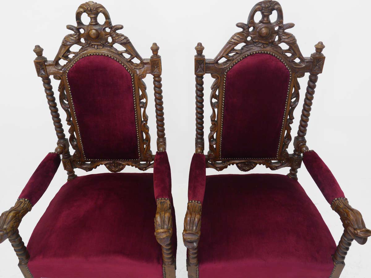 2 Sessel Armlehnstuhl Sitzmöbel Gründerzeit Massivholz weinroter Bezug